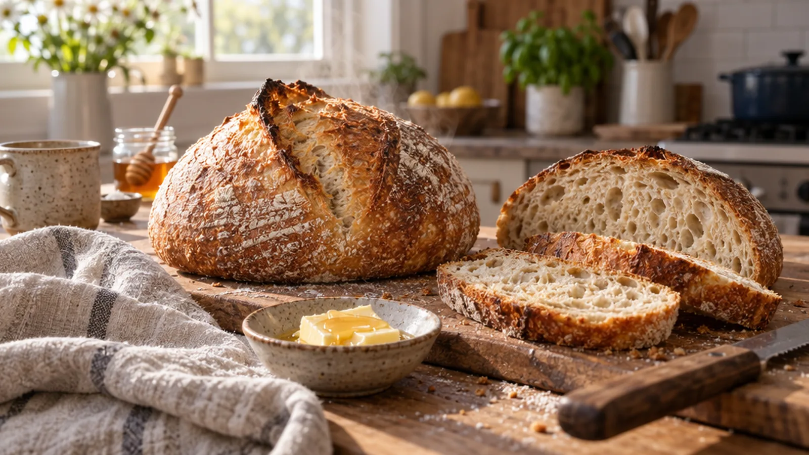 Golden sourdough loaves and a bowl of soft butter on a rustic wooden table in warm morning light